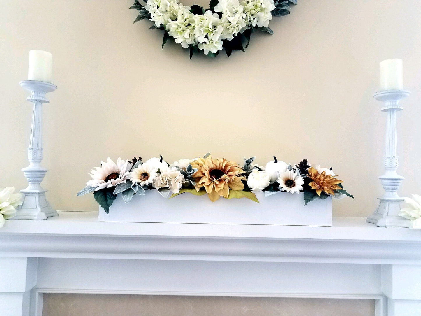 Fall Dining Table Arrangement Fall Flower Arrangement Sunflower Arrangement Mantle Fall Decor Long box arrangement Neutral fall decoration