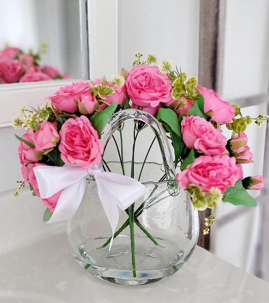 Peony arrangement glass vase arrangement easter arrangement gift new home gift table decor Pink peony basket arrangement spring decoration