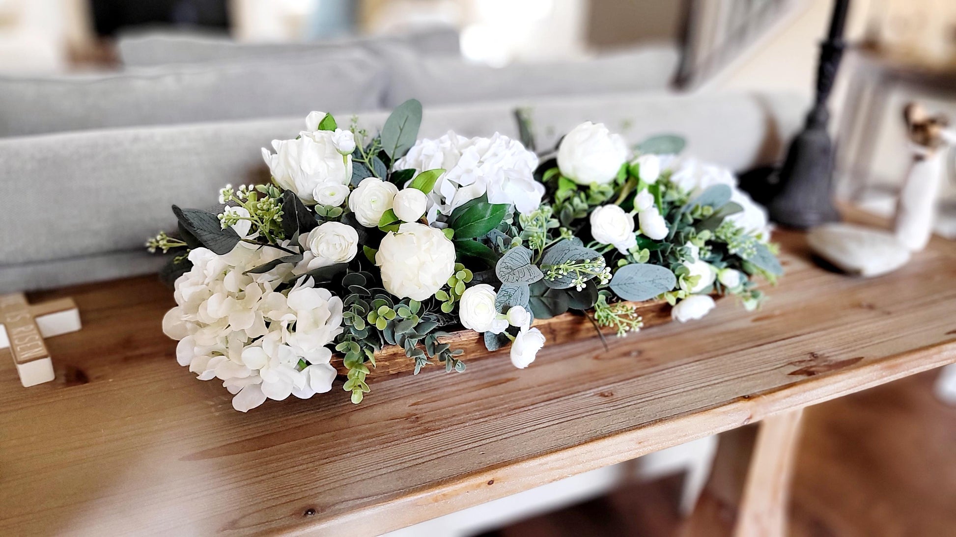Spring Table Styling Silk Flower Centerpiece Dough Bowl Arrangement Roses Peonies Hydrangeas Display Artificial Greenery Collection Farmhouse Rustic Design Perfect Housewarming Gift Ready Kitchen Island Dining Table Elegant Home Styling