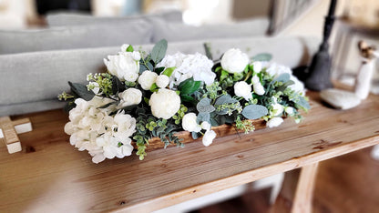 Spring Table Styling Silk Flower Centerpiece Dough Bowl Arrangement Roses Peonies Hydrangeas Display Artificial Greenery Collection Farmhouse Rustic Design Perfect Housewarming Gift Ready Kitchen Island Dining Table Elegant Home Styling