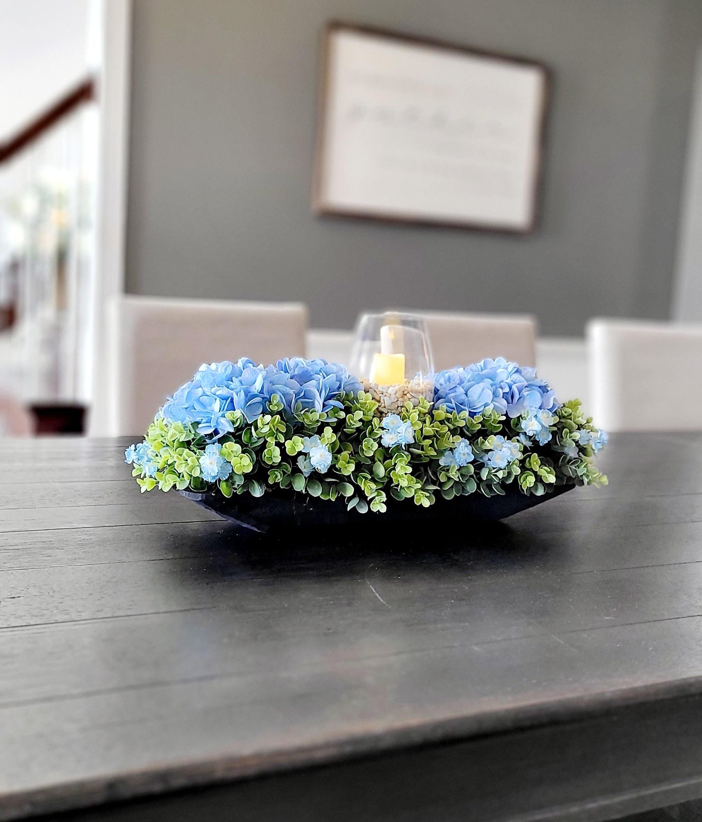 Candle Centerpiece Candle Arrangement Farmhouse Decor Blue Hydrangea Arrangement Greenery Arrangement Rustic Table Decor Dining table