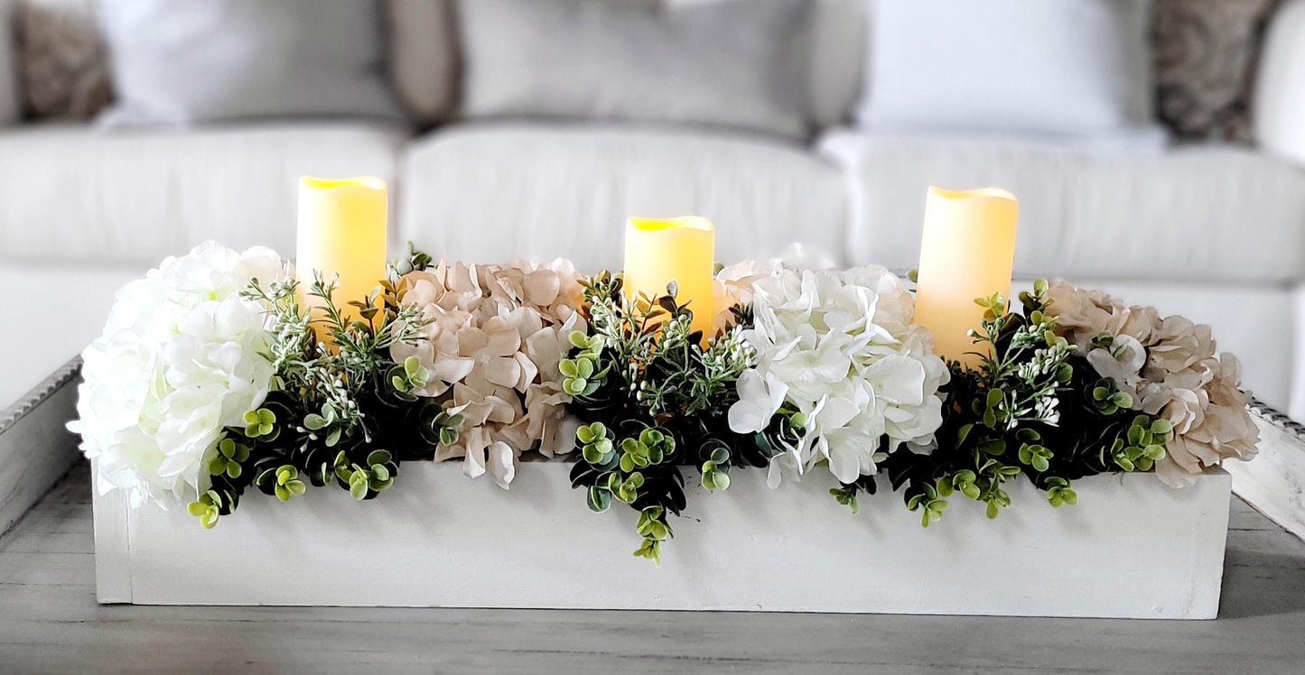 Dining Table Centerpiece – Neutral Floral Arrangement with Faux Hydrangeas
