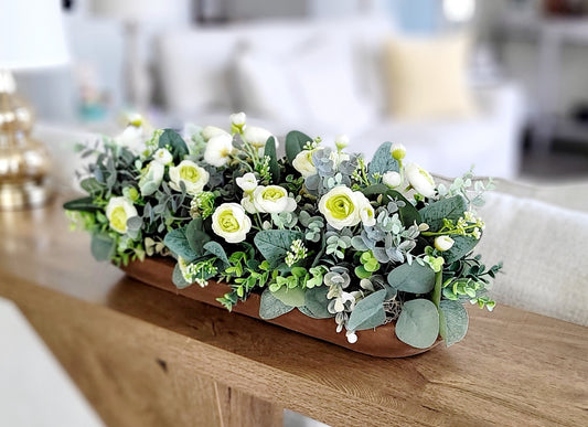 Farmhouse Centerpiece – Dough Bowl with Faux Roses and Eucalyptus Rustic Dining Table Decor