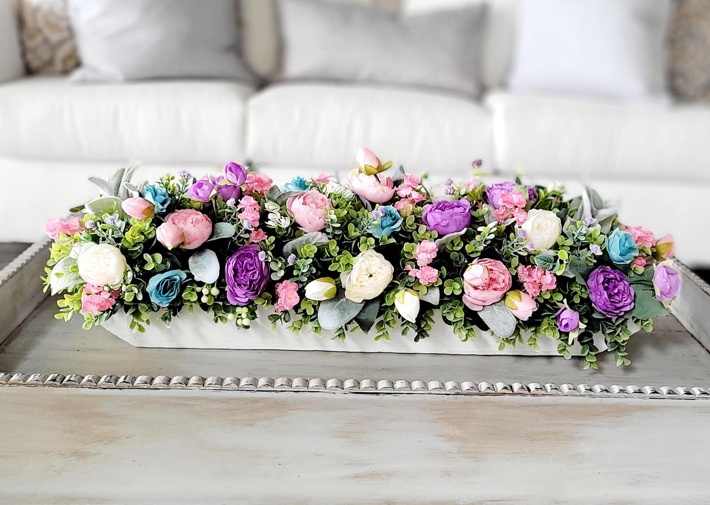 Purple Floral Centerpiece – Silk Peony Arrangement in Dough Bowl