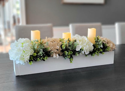 Versatile Home Centerpiece Neutral Floral Arrangement Faux Hydrangea Display Dining Table Decoration Artificial Flower Design Battery Candles Included Glass Vase Presentation Perfect Year Round Decor Maintenance Free Beauty Elegant Table