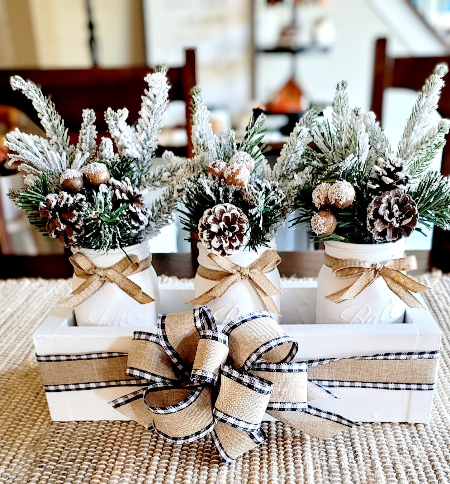 Winter Floral Arrangement Long Wood Box Dining Table Winter Arrangement Mason Jar Holiday Centerpiece Elegant Floral arrangement Mason Jar