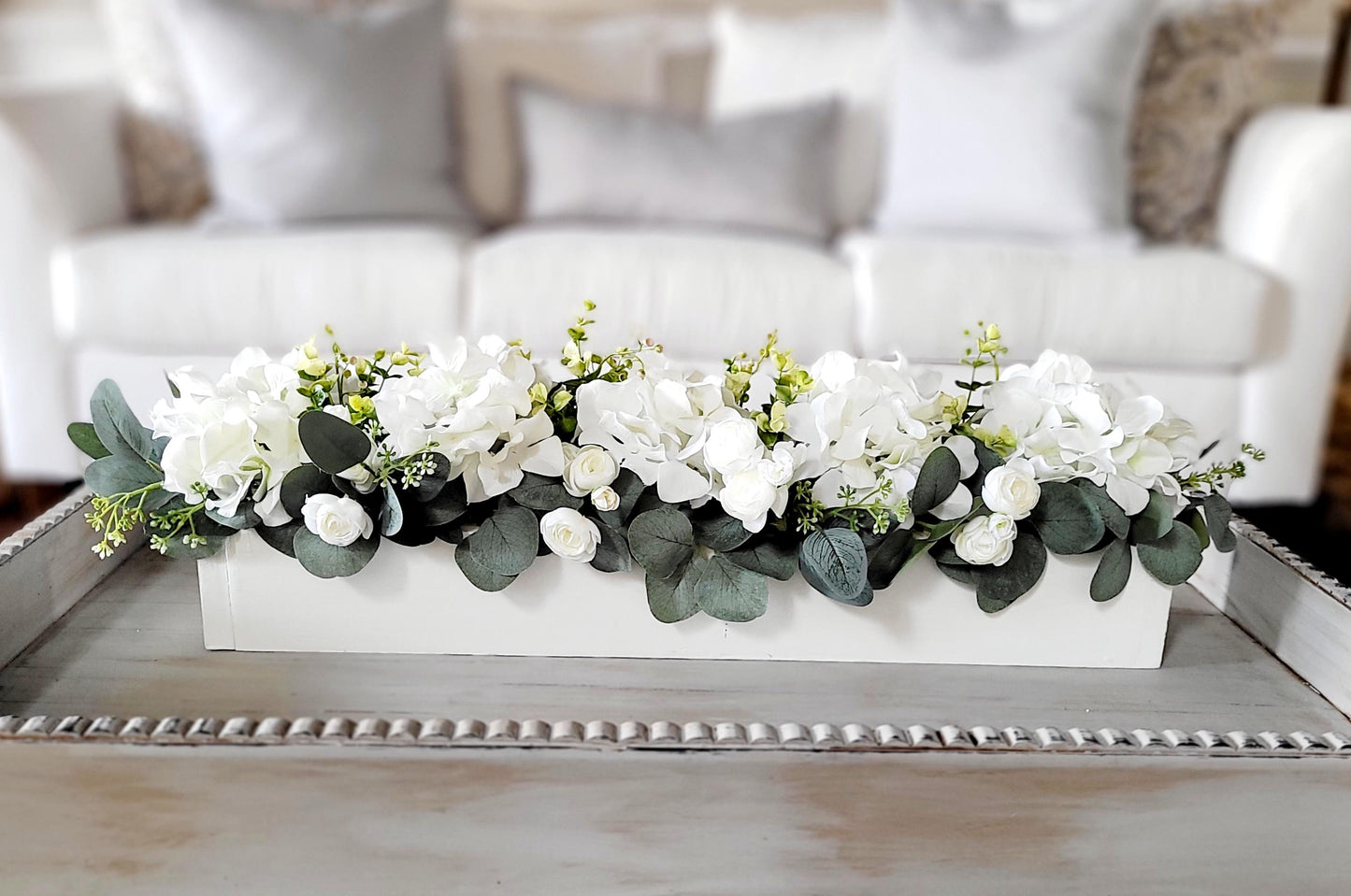 Farmhouse Table Centerpiece – White Hydrangea Arrangement in Wooden Box