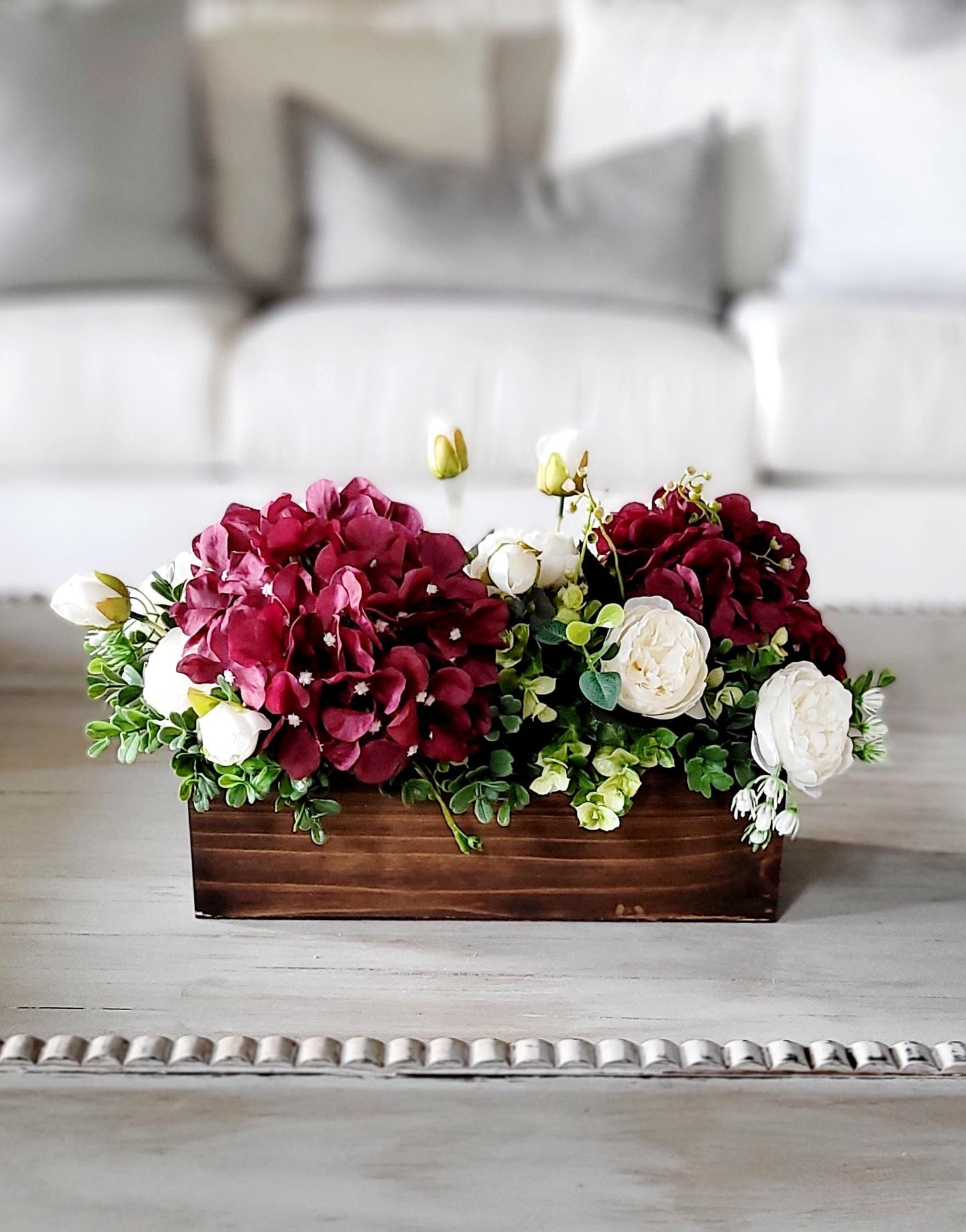 Flower Arrangement Peony Silk Flower Red  Flower centerpiece Spring Table Decor Wood Box Table Centerpiece Hydrangea Flower Gift new home