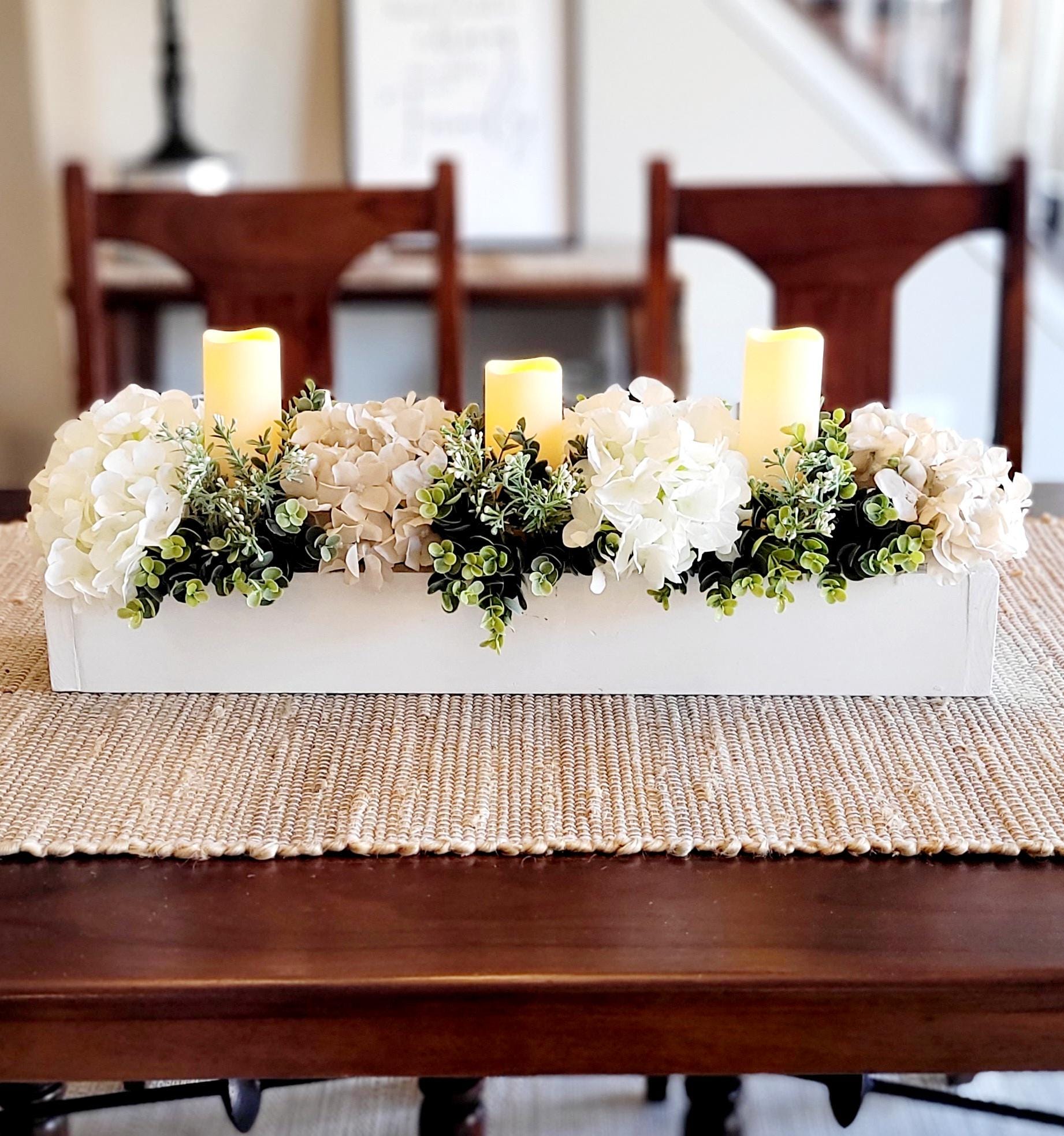 Elegant Table Centerpiece Neutral Floral Design Faux Hydrangea Blooms Artificial Greenery Arrangement Dining Table Decoration Glass Vase Display Battery Operated Candles Perfect Special Occasion Setting Everyday Home Decor Maintenance Free