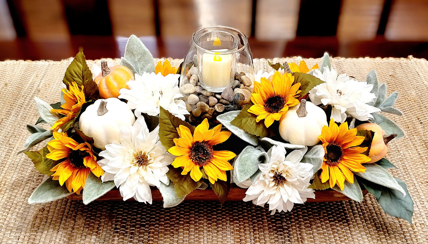 Fall Dining Room Arrangement Fall Fake Flower Sunflower Centerpiece Orange Sunflower Dough Bowl Arrangement Fall Candle Holder Centerpiece