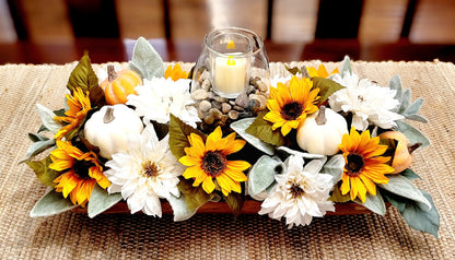 Fall Dining Room Arrangement Fall Fake Flower Sunflower Centerpiece Orange Sunflower Dough Bowl Arrangement Fall Candle Holder Centerpiece