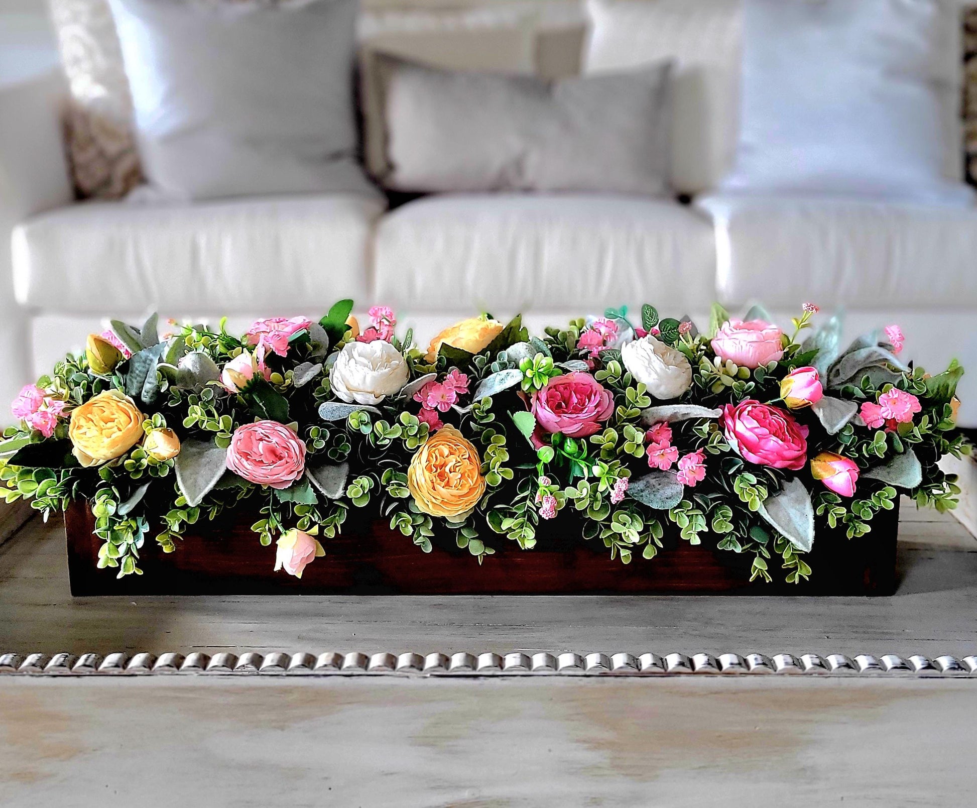 Home Accent Centerpiece Farmhouse Dining Table Wood Box Arrangement Silk Peony Collection Spring Kitchen Decoration Rustic Table Setting Artificial Flower Display Beautiful Home Styling Seasonal Decor Accent Handcrafted Wood Container Long