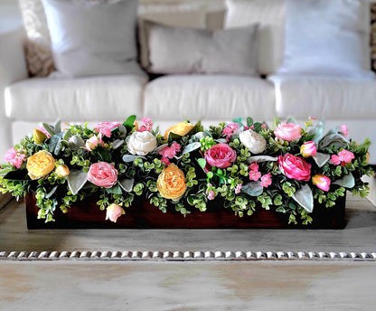 Home Accent Centerpiece Farmhouse Dining Table Wood Box Arrangement Silk Peony Collection Spring Kitchen Decoration Rustic Table Setting Artificial Flower Display Beautiful Home Styling Seasonal Decor Accent Handcrafted Wood Container Long