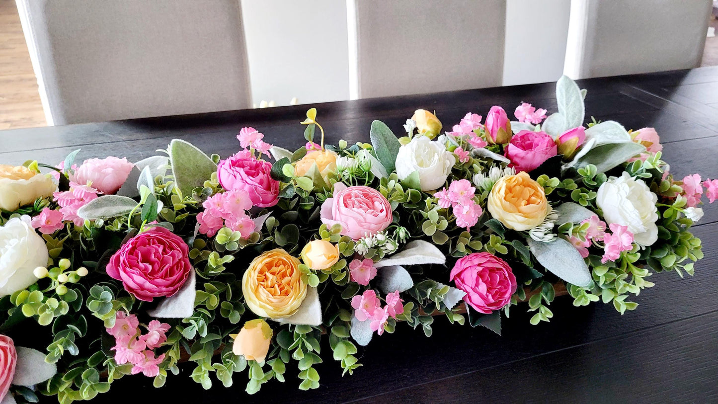 Farmhouse Dough Bowl Centerpiece – Handcarved Wooden Bowl with Peony Arrangement