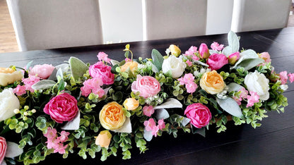 Farmhouse Dough Bowl Centerpiece – Handcarved Wooden Bowl with Peony Arrangement
