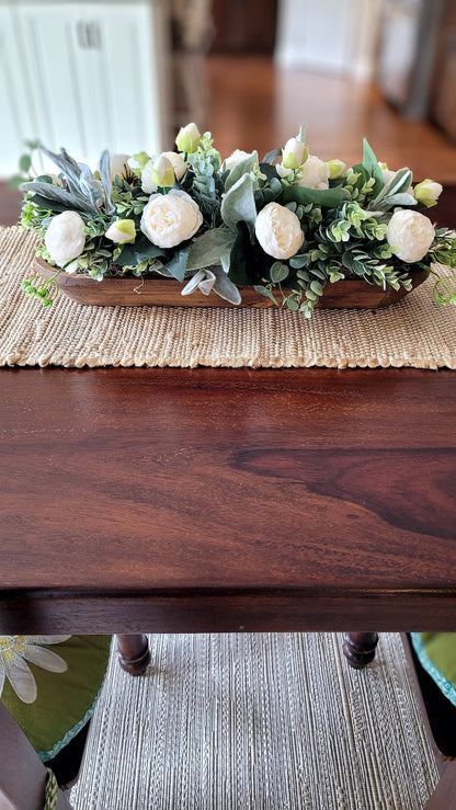 Dough Bowl Farmhouse Arrangement Dining Table Peony Arrangement Hand-Carved Dough Bowl Table Arrangement Dough Bowl Centerpiece Peony Flower