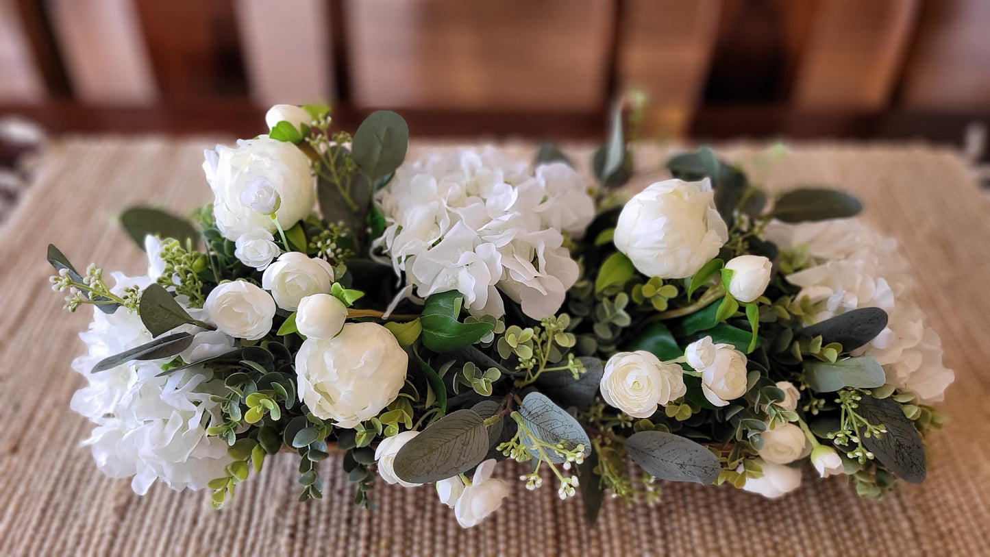 Dining Table Centerpiece – Silk Roses Peonies Hydrangeas in Dough Bowl