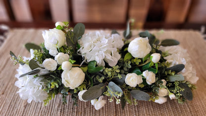 Dining Table Centerpiece – Silk Roses Peonies Hydrangeas in Dough Bowl