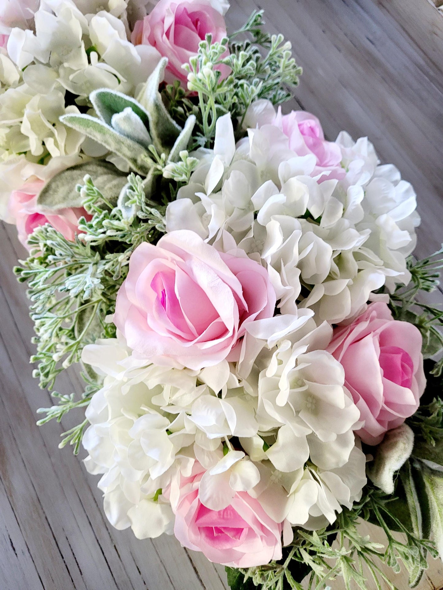 Artificial Flower Arrangement Pink Rose Hydrangea Centerpiece Wooden Box Container Maintenance Free Decoration Dining Table Display Realistic Silk Flowers Beautiful Home Accent Spring Floral Collection Perfect Room Addition Stylish Interior