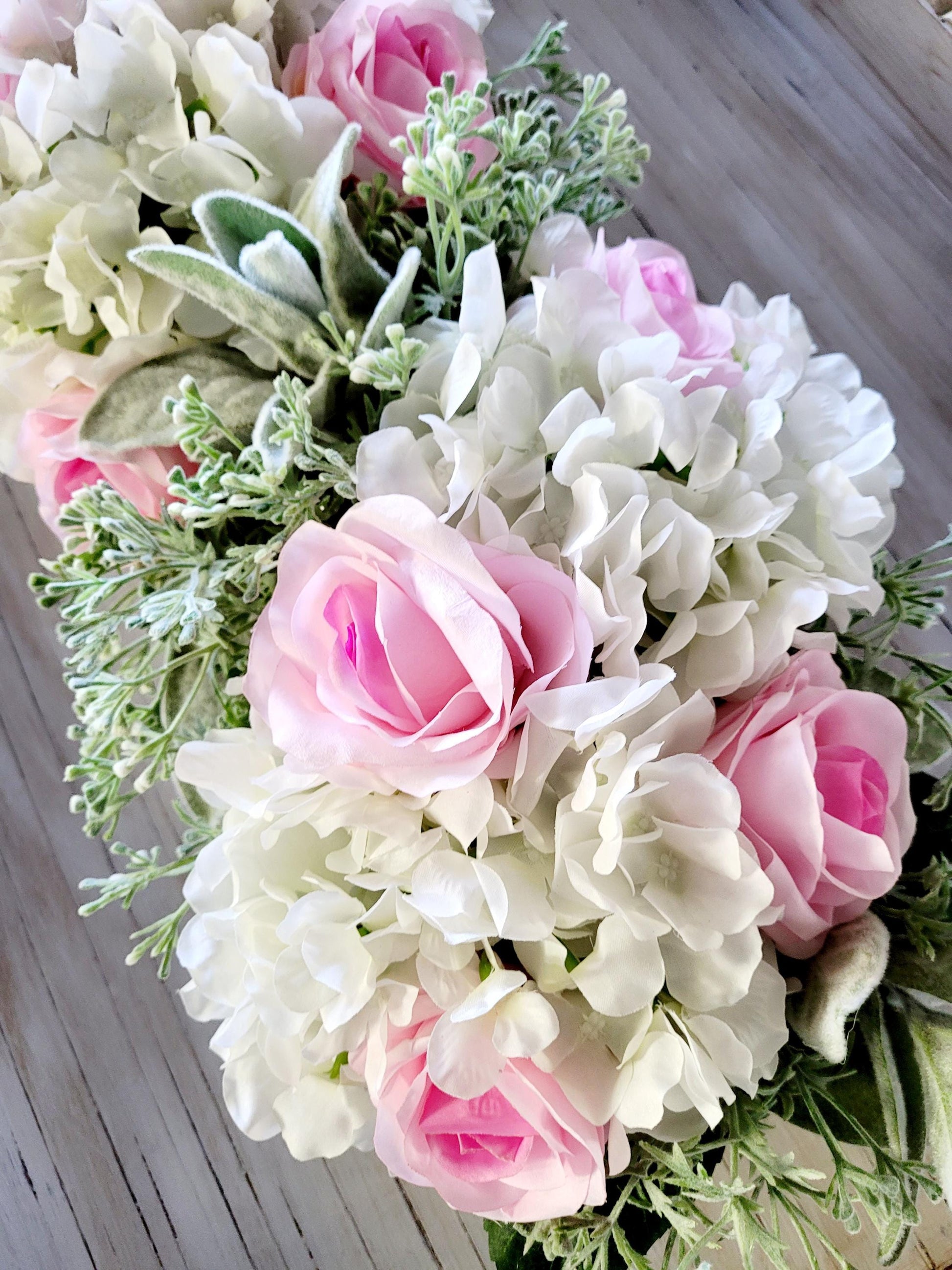 Artificial Flower Arrangement Pink Rose Hydrangea Centerpiece Wooden Box Container Maintenance Free Decoration Dining Table Display Realistic Silk Flowers Beautiful Home Accent Spring Floral Collection Perfect Room Addition Stylish Interior