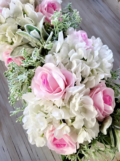 Artificial Flower Arrangement Pink Rose Hydrangea Centerpiece Wooden Box Container Maintenance Free Decoration Dining Table Display Realistic Silk Flowers Beautiful Home Accent Spring Floral Collection Perfect Room Addition Stylish Interior