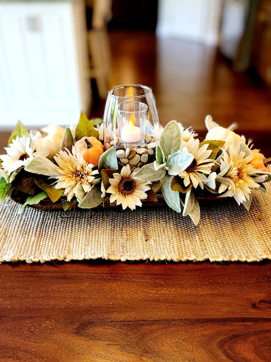 Fall Dough Bowl Arrangement Fall Flowers Candle Centerpiece Fall Arrangement Hand Carved Dough Bowl Sunflower Table Arrangement Fall Floral
