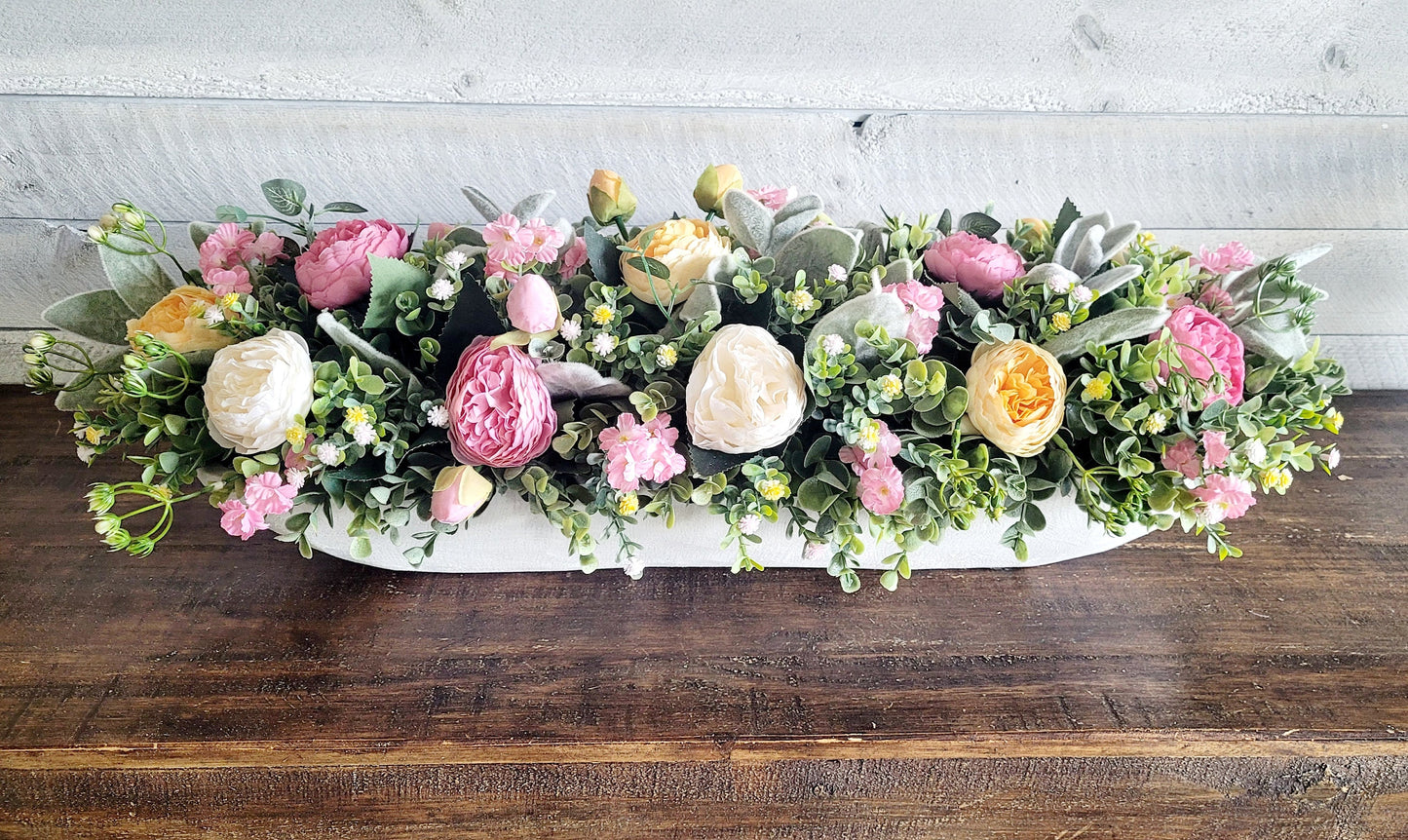 Wooden Bowl Flower Display Hand Carved Dough Bowl Centerpiece Spring Floral Arrangement Dining Table Decoration Customizable Size Options Multiple Color Selections Artificial Peony Blooms Greenery Filler Rustic Farmhouse Accent Traditional