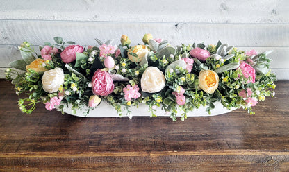Wooden Bowl Flower Display Hand Carved Dough Bowl Centerpiece Spring Floral Arrangement Dining Table Decoration Customizable Size Options Multiple Color Selections Artificial Peony Blooms Greenery Filler Rustic Farmhouse Accent Traditional