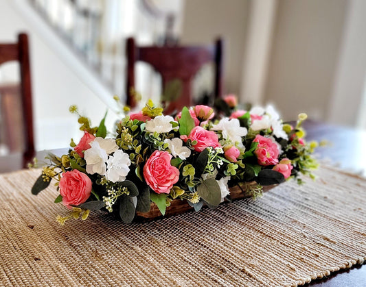 Dough Bowl Pink Peony Flower centerpiece farmhouse kitchen table decor pink rose arrangement gift Mom gift her floral gift her faux peony
