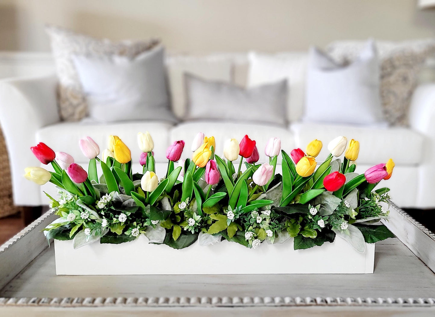 Tulip Flower Arrangement Farmhouse Long Box Tulip Arrangement Spring Flower Centerpiece Real Touch Tulips Mantel Flower Box Easter Flowers
