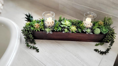 Farmhouse style long 25” Spring table arrangement in wood planter box Spring succulents in wood box mantle box Succulents arrangement