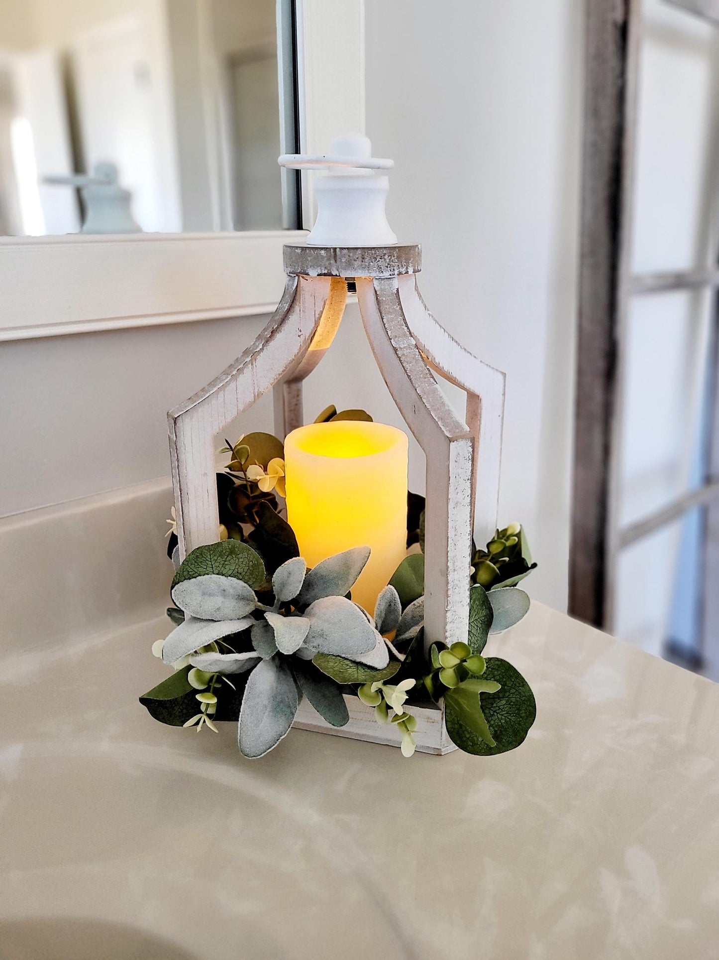 Farmhouse Lantern Rustic Lantern Farmhouse Table Decor Candle Decoration Spring Wreath Lambs Ear Arrangement Coffee table gift new Home gift