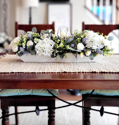Spring Centerpiece Dough Bowl – Faux Peony Hydrangea Lavender Easter Table Decoration