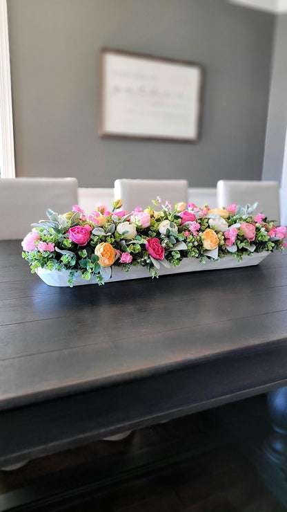 Dough Bowl Long Dining Table Arrangement Narrow Mantle Decor Peony Dough Bowl Farmhouse Arrangement Kitchen Table Decor Large Island Decor