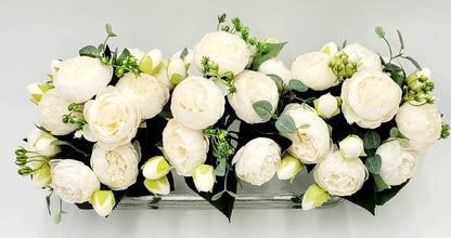 Modern Floral Arrangement Faux Peony Centerpiece Silk Flowers Glass Vase Modern Dining Table Centerpiece French Decor Bridal Decor Long Vase