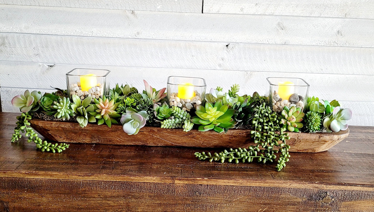 Faux Succulent Centerpiece – Long Wooden Bowl Arrangement for Dining Table Decor