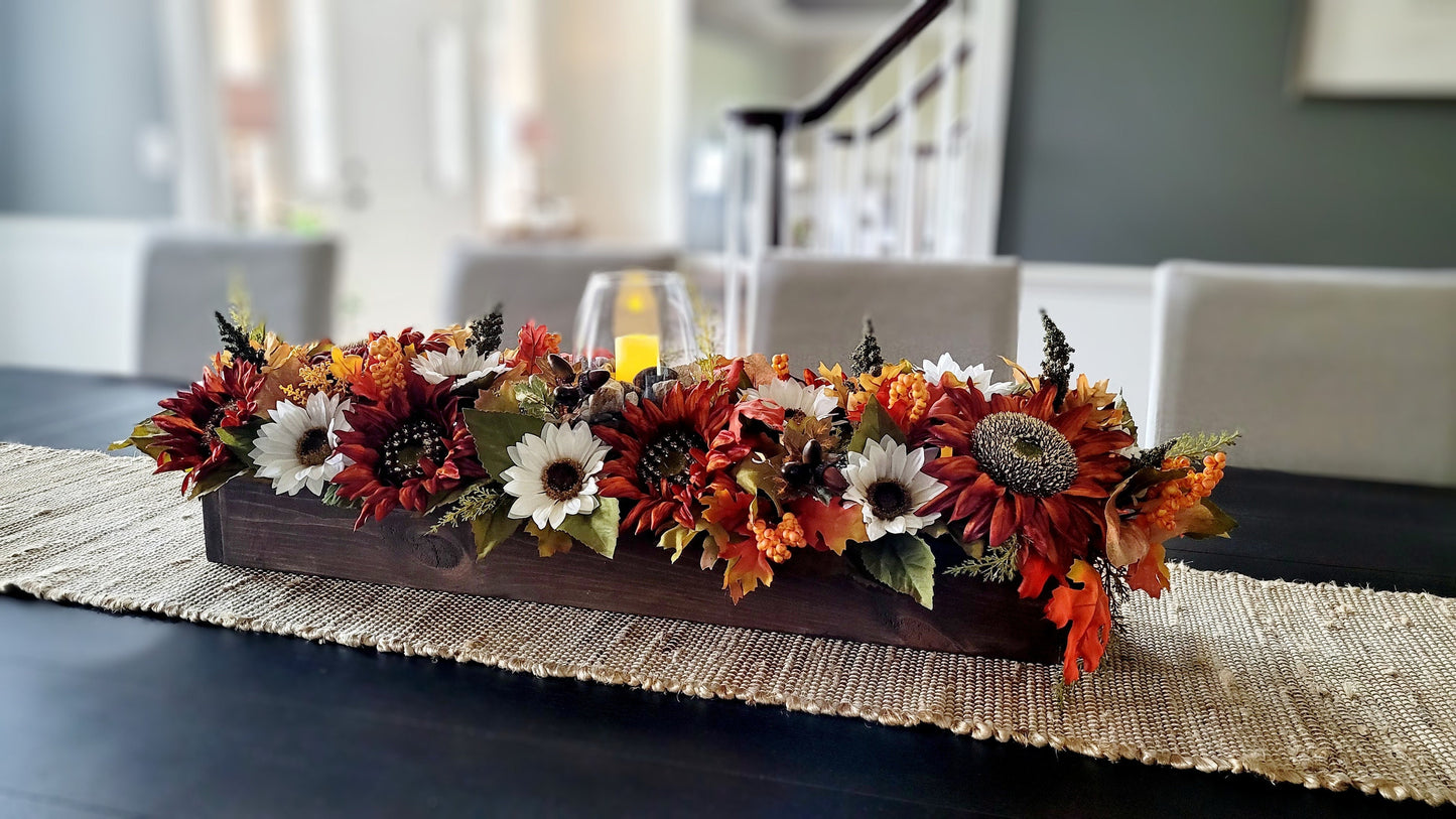 Fall farmhouse dining table arrangement Sunflower table centerpiece Rustic long box floral arrangement mantle fall decor candle centerpiece