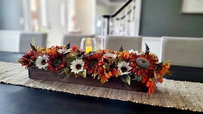 Fall farmhouse dining table arrangement Sunflower table centerpiece Rustic long box floral arrangement mantle fall decor candle centerpiece