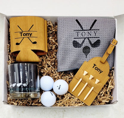 Fathers Day Gift Golf Shirt for Men Gift Box Dad Golf Gifts for Men Towel Golf Custom Name Shirt Men Golf Bag Tag Personalized Name Tee Golf