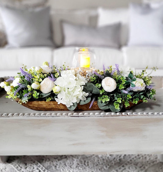 Spring Centerpiece Dough Bowl Easter Table Decoration Faux Floral Arrangement Peony Hydrangea Lavender Display Rustic Wood Design Holiday Home Accent Elegant Spring Celebration Dining Table Feature Handcrafted Flower Collection Glass