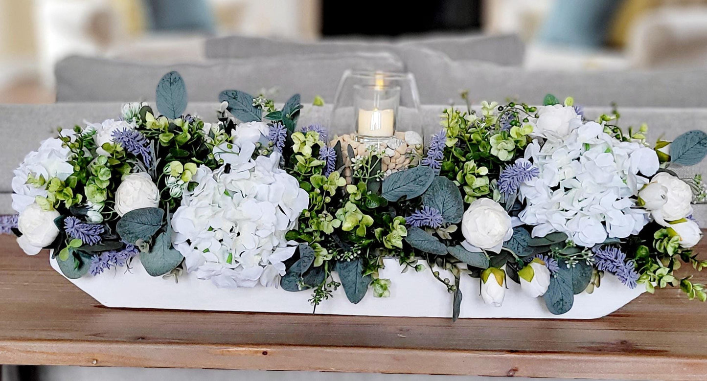 Spring Home Decor Wooden Dough Bowl Centerpiece Faux Floral Arrangement Peony Hydrangea Lavender Display Elegant Table Decoration Rustic Design Feature Glass Hurricane Candle Accent Handcrafted Seasonal Collection Perfect Spring Celebration