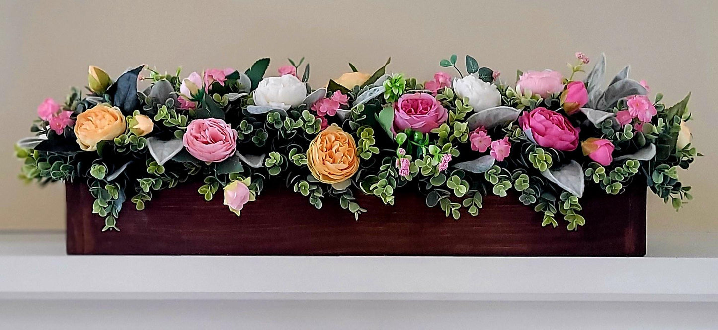 Dining Table Centerpiece – Farmhouse Wood Box with Silk Peonies Spring Kitchen Decor