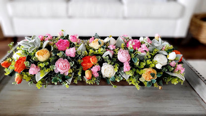Home Decor Centerpiece Faux Peony Arrangement Wooden Dough Bowl Design Artificial Flower Collection Silk Bloom Display Handcrafted Floral Creation Spring Color Palette Farmhouse Style Accent Rustic Table Decoration Elegant Dining Setting