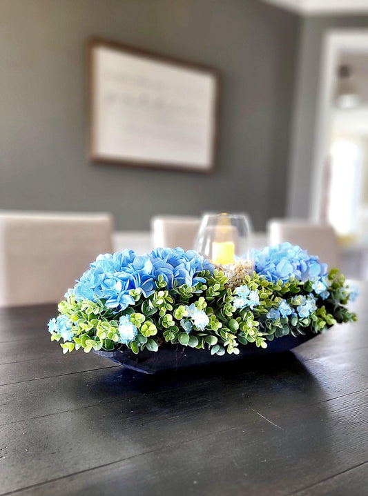 Candle Centerpiece Candle Arrangement Farmhouse Decor Blue Hydrangea Arrangement Greenery Arrangement Rustic Table Decor Dining table