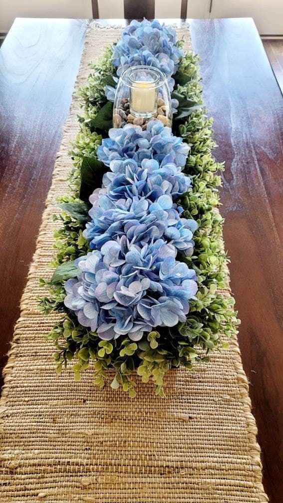 Handcrafted Wood Box Centerpiece Blue Hydrangea Flowers Rustic Table Decor Farmhouse Style Decoration Custom Stain Options Natural Wood Finish Beautiful Floral Arrangement Dining Room Accent Perfect Hostess Gift Home Decor Piece Versatile