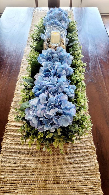 Handcrafted Wood Box Centerpiece Blue Hydrangea Flowers Rustic Table Decor Farmhouse Style Decoration Custom Stain Options Natural Wood Finish Beautiful Floral Arrangement Dining Room Accent Perfect Hostess Gift Home Decor Piece Versatile