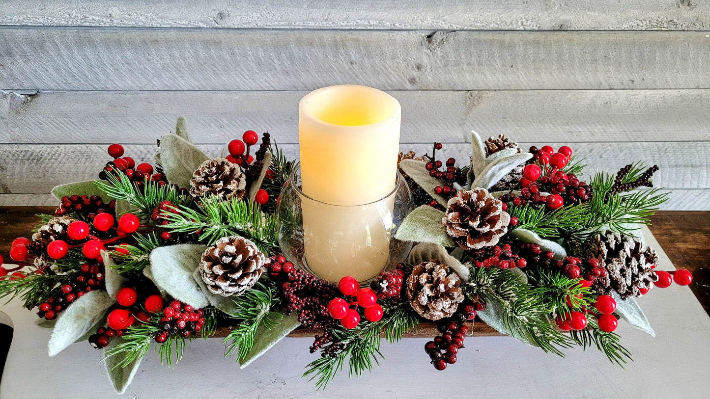 Dough Bowl Christmas Dining Table Centerpiece Candle Centerpiece Hand Carved Dough Bowl Winter Arrangement Pine Floral Arrangement Gift