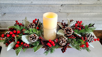 Dough Bowl Christmas Dining Table Centerpiece Candle Centerpiece Hand Carved Dough Bowl Winter Arrangement Pine Floral Arrangement Gift