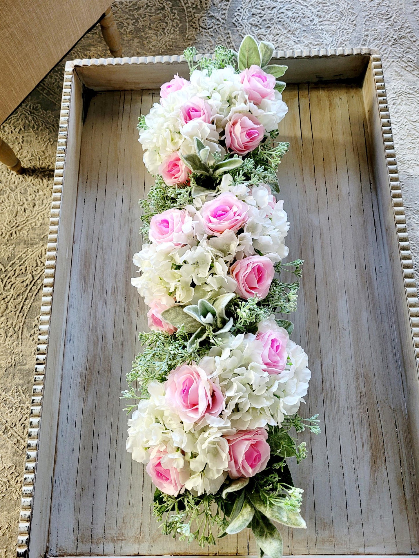 Dining Table Centerpiece – Pink Rose and Hydrangea Arrangement in Wooden Box