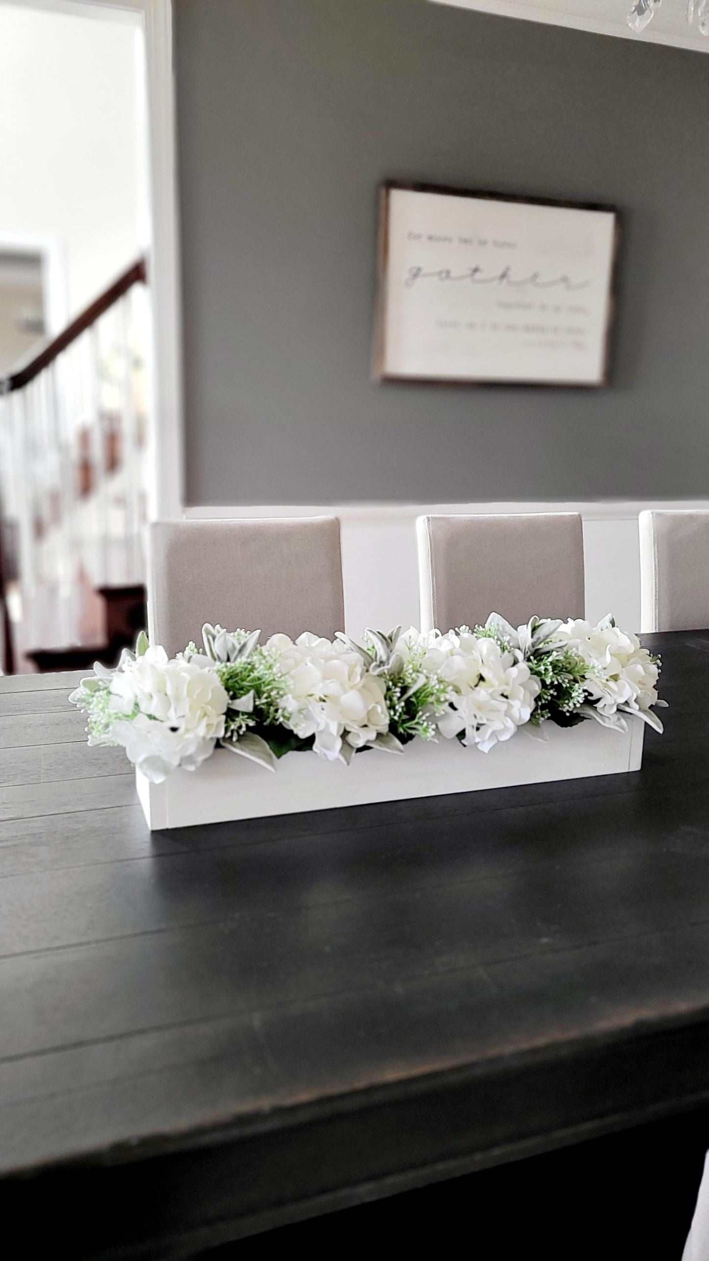 Farmhouse Table Centerpiece – Rustic Wooden Box with Silk Hydrangea Flowers